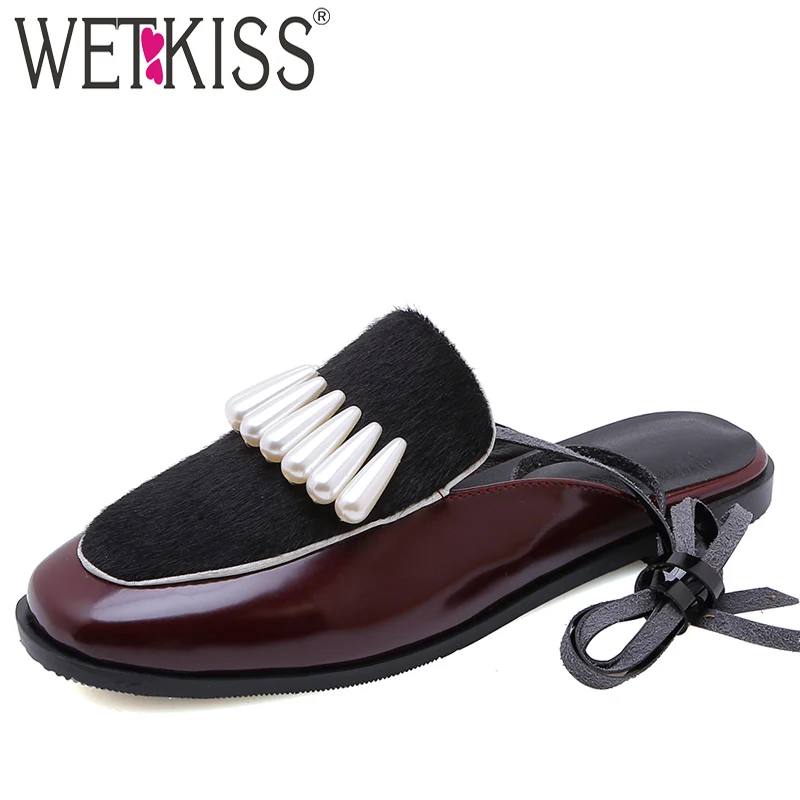 

WETKISS Pu Slippers Woman Square Toe Footwear Horsehair Slides Shoes Female Cross Tied Pearl Mules Shoes Woman Summer 2019 New