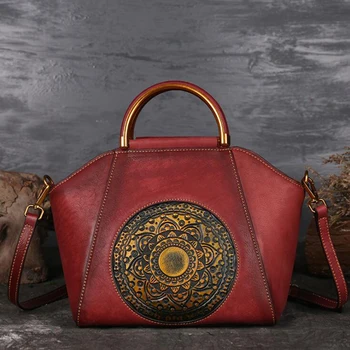

Original 100% Genuine Leather Bag Retro Cowhide Women Shoulder Handbag Vintage Manual Painting Crossbody Hobos Luxury Ladies Bag