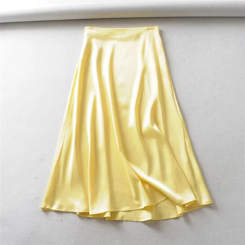 Однотонная элегантная блестящая женская шелковая атласная юбка миди-юбка с высокой талией трапециевидная летняя Длинная Юбка Saia Femme шикарные женские юбки - Цвет: Yellow