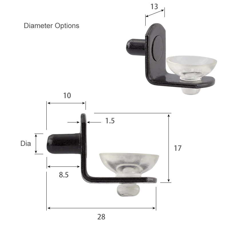 조절 가능한 직경 5, 6, 8mm 선반 지지대, 철 소재, 니켈, 청동, 검정 색상 옵션, 실리콘 컵 패드가 있는 금속 선반 핀