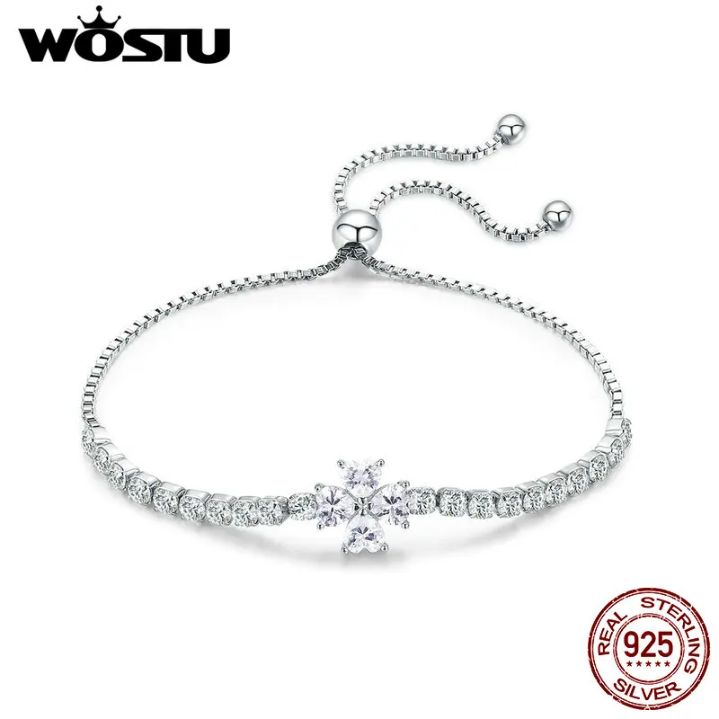 

WOSTU Genuine 925 Sterling Silver Bracelet Shining Lucky Clover Zircon Chain Link Bracelets For Women Wedding Jewelry DAB007