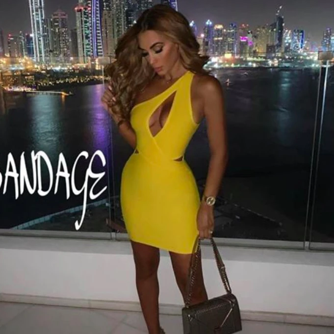 

good quality yellow one shoulder 2019 newest arrival keyhole cut out cocktail party sexy mini bandage dress