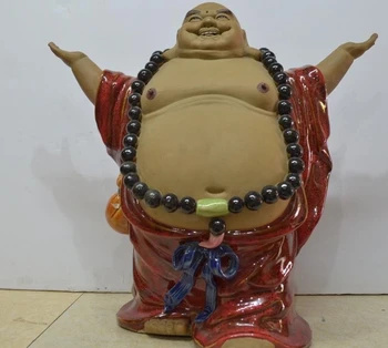 

Folk Painted Pottery Porcelain Statue China Buddhism Happy Laugh Maitreya Buddha