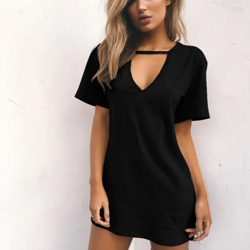 

2019 Summer hot Woman's Fashion Shirt short Sleeve Casual V-neck Skirt Dress explosions sexy sleeve T-shirt loose Solid