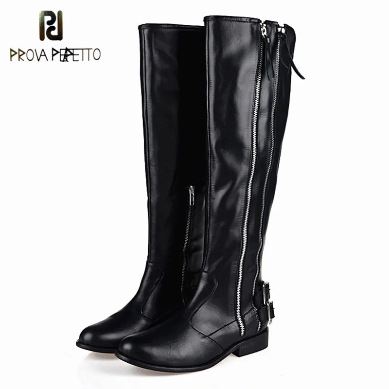 

Prova Perfetto 2018 Winter Black High Quality Fashion Woman Boots Real Leather Cow Suede Flat Knight Boots Keep Warm Long Boots