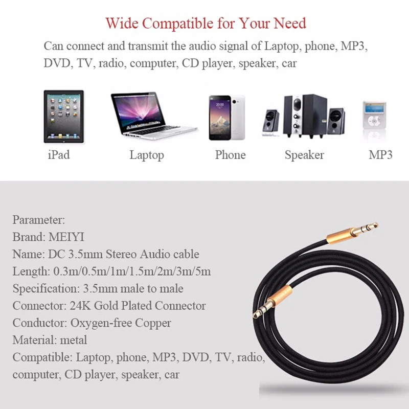 MEIYI 1.5M Gold Plated Plug 3.5 mm Jack Aux Cable Male to Male Audio Cable for Car iPhone MP3 MP4 Headphone Speaker Mobile Phone