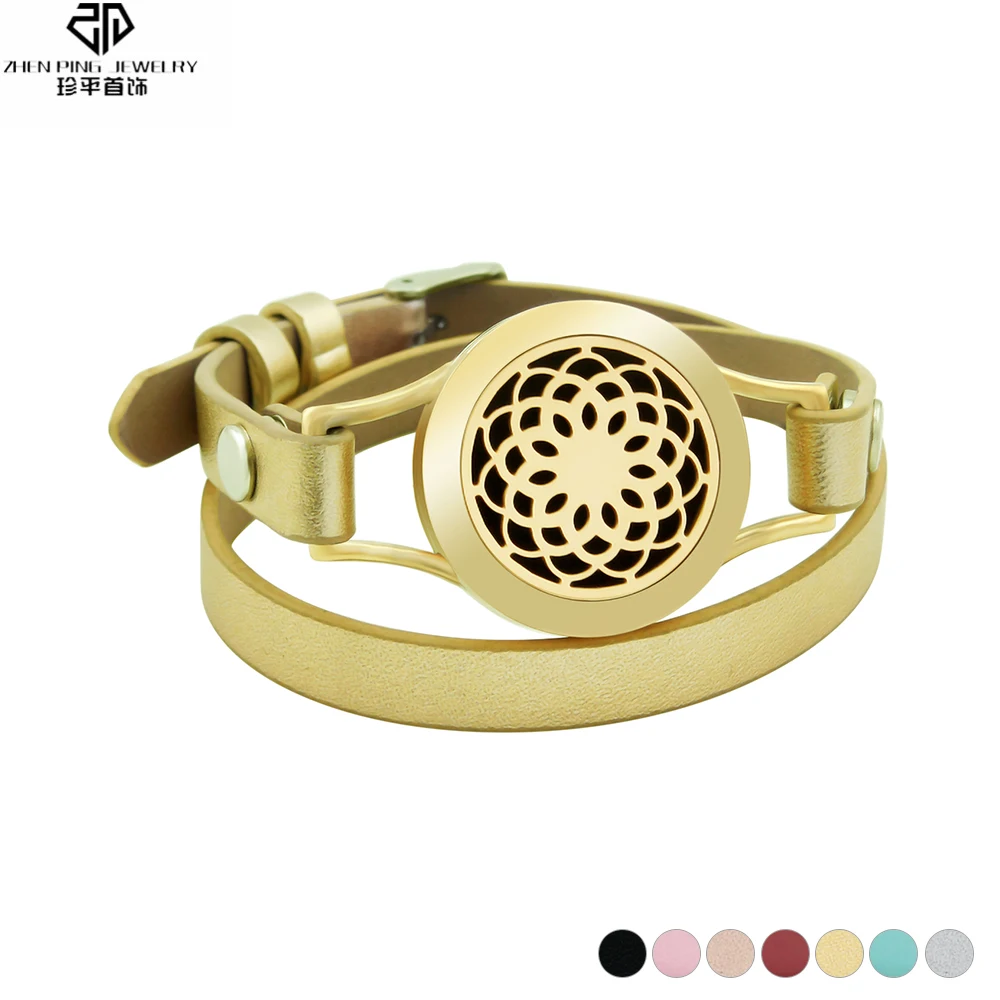 

Stainless Steel Aromatherapy Essential Oil diffuser locket Women Genuine Leather Bracelet Charm Jewelry Gift