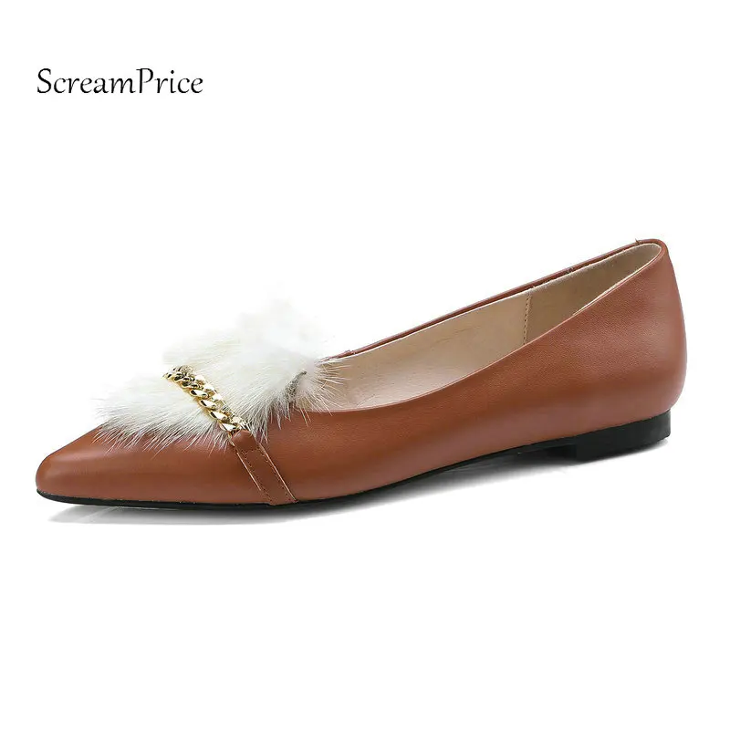 

The New Genuine Leather Comfort Flat With Woman Shoes Fashion Fur Casual Shoes Woman Black Brown White
