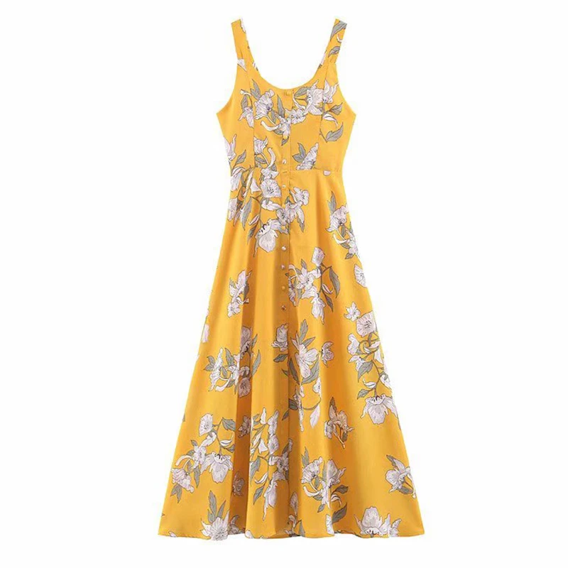 Women's Clothing Dress 2019 Seaside Holiday Cotton And Linen Printed Back With Button Sling Long Dress Ms Summer Clothing