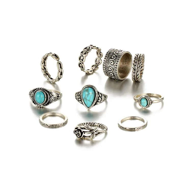 17 КМ Vintage 2 Цвет Розы Сердце Midi Кольцо Устанавливает Boho Пляж Anillos урожай Тибетский Цветок Костяшки Кольца для Женщин Человека кастет оружие Панк Ювелирные перстень Изделия кольцо женское кольца - Цвет основного камня: RJCS43228