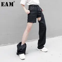 [EAM] 2019 новые весенне-летние штаны с высокой эластичной резинкой на талии из двух частей, индивидуальные Синие Клетчатые брюки, женские