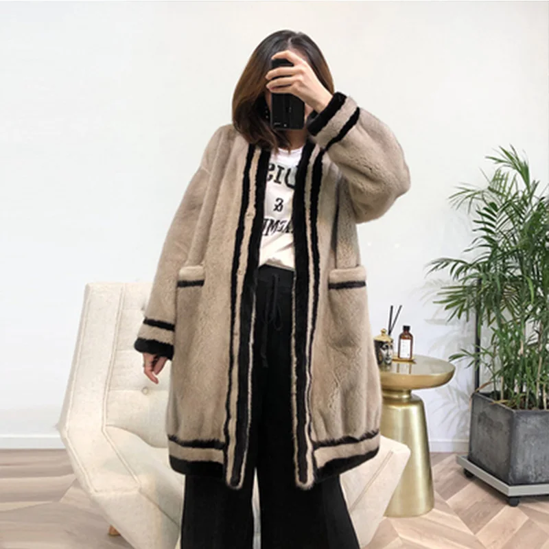 CAMEL Fang Tai Fur Женская импортная бархатная норковая шуба с v-образным вырезом, норковая шуба, женские линии, средний однотонный карман, настоящие норковые шубы - Цвет: CAMEL