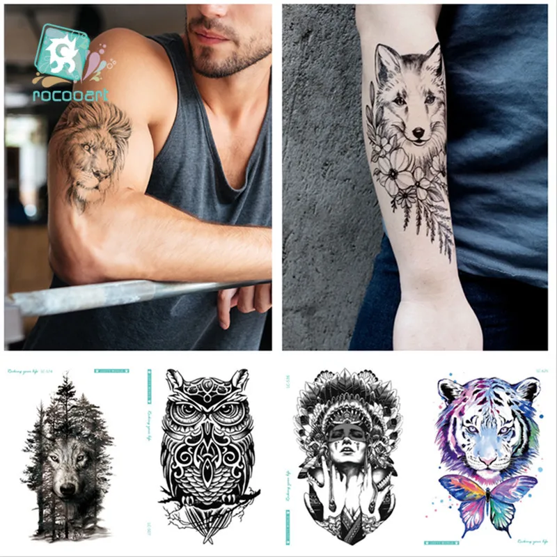 

6Pcs Waterproof Temporary Tattoo Sticker Chest Clock Wolf Forest Tatto Tigers Owls Flash Tatoo Fake Tattoos For Men 21*15CM