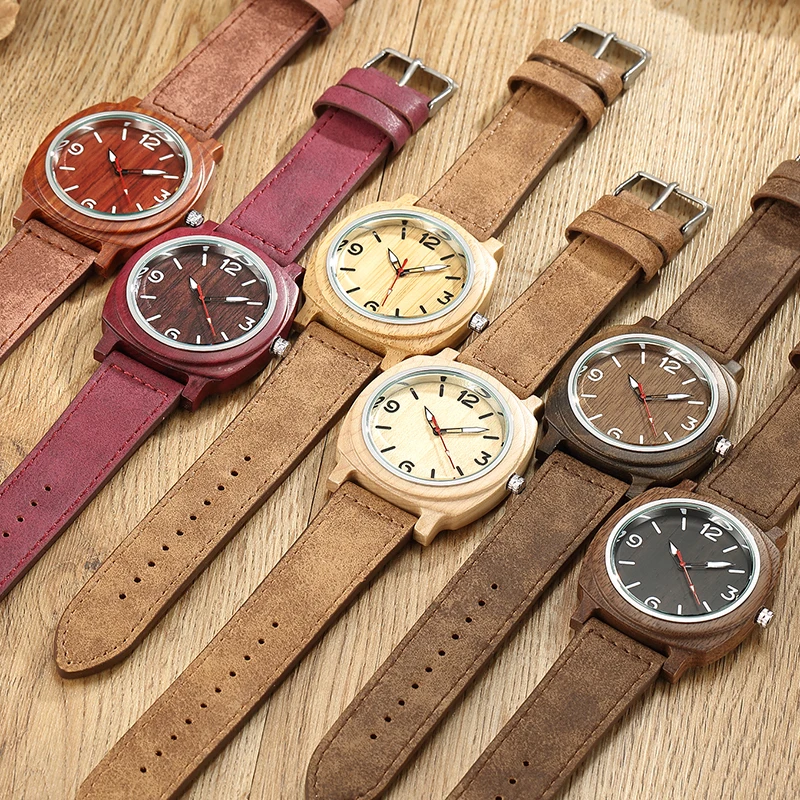 

Real Tree Mens Wooden Quartz Watch Maple Walnut Rose Wood Case Wrist Watches Leather Strap Drop Ship Hot Sale Gifts Square Dial