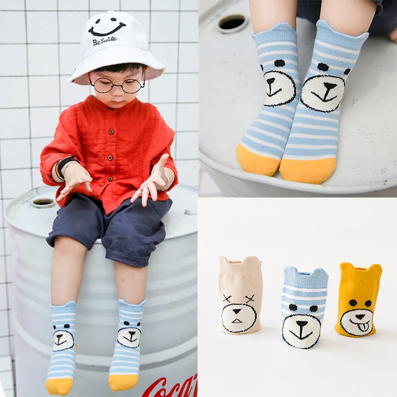 Детские носки, 1 шт., хлопковые носки, товары,, осенние носки в волнистую полоску с мультипликационным принтом бульдога - Цвет: WC521 Color random