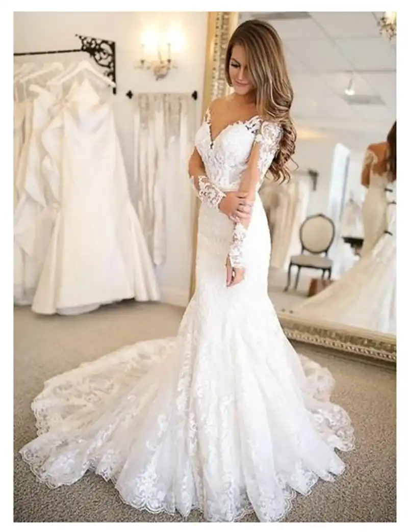 2019 Vestidos De Novia De Sirena De Manga Larga De Encaje Vestido Nupcial Para Novia Elegante Tren Blanco Vestidos De Boda Personalizados Hechos Aliexpress