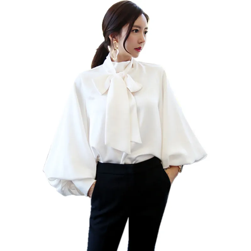 

Korean fashion elegant ladies tops and blouses 2018 autumn vintage bow tie collar lantern sleeve womens shirts chemisier femme