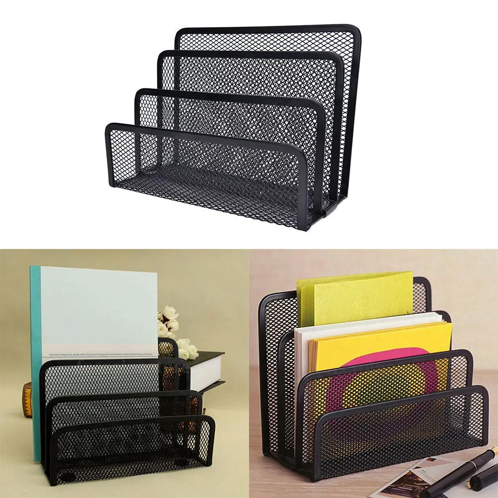 Black Metal Mesh Desk Organizer Desktop Letter Sorter Mail Tray