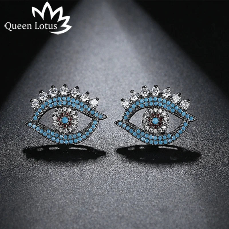 

Queen Lotus 2018 Fashion Women Stud Earrings Personality Blue Evil Eye Earrings Ethnic Female Crystal Statement Earrings Party