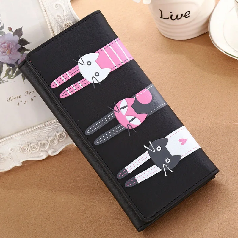 

New Women Wallet Cute Cat Wallets Pu Leather Bi-fold Coin Purse Graffiti Feminina Long Hasp Card Holder Ladies Clutch Money Bag