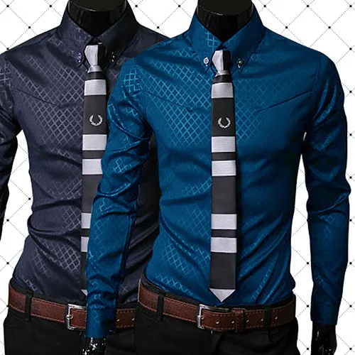 Модные Для мужчин, связанное с узором "ромбиками" класса люкс Бизнес Стиль Slim Fit Повседневное платье с длинным рукавом рубашка