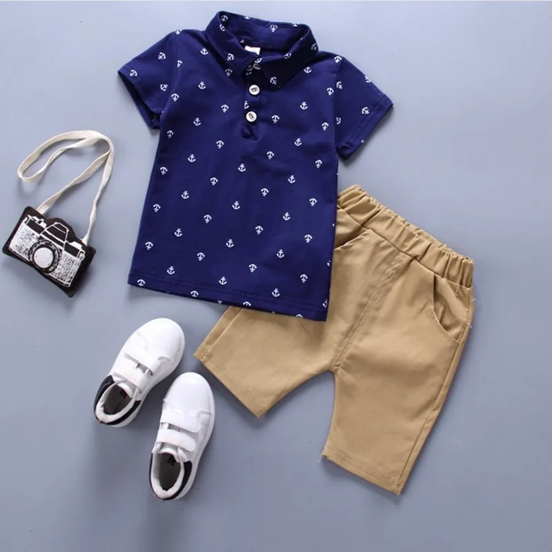 

Retail 2019 Casual Boy Clothing Suit Spring Summer Children's Clothing Navy Short Sleeve Suit Stripes Sports Suit Children Wear