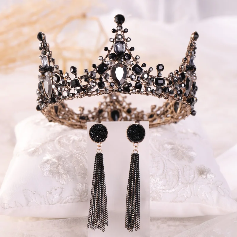

2 Pcs Baroque Vintage Black Queen Tiaras Crowns Earrings Sets Crystal Diadems Princess Women Wedding Hair Jewelry Accessories