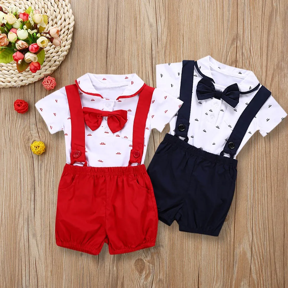 2PCS Baby Rompers Christening Baptism Baby jumpsuit Newborn infant Clothes kids chird Gentleman Boy Suspender Rompers