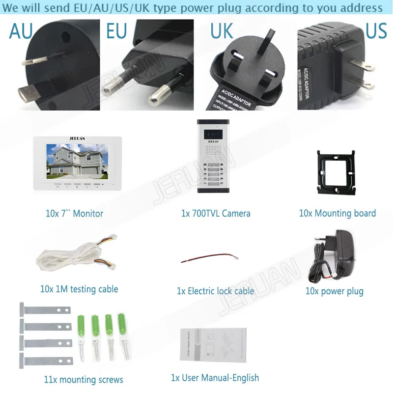 JERUAN дверь квартиры Интерком 7 дюймов ЖК-дисплей видеофонная дверная система 10 монитор 700TVL ИК Камера для 10 кнопку вызова