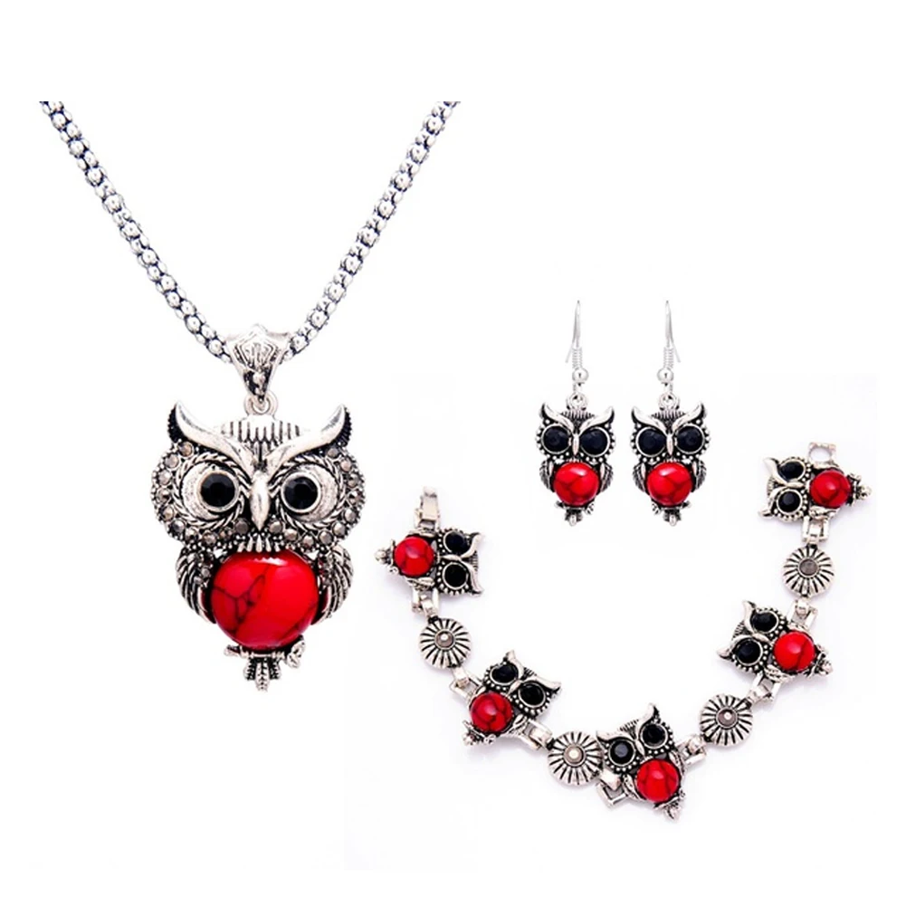 

Fashion women Jewelry Vintage Antique Silver Red Owl Jewelry Set Necklace Pendant Earring