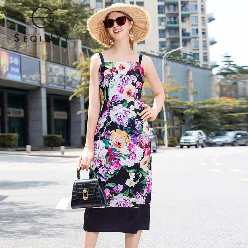 

SEQINYY Slim Dress 2019 Summer New Fashion Design Satin Spaghetti Strap Light Purple Flowers Printed Black Midi Dress