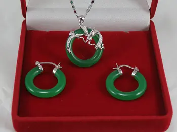 

25mm Dark Green Jade stone dragon pendant hood earring Jades Jewelry set