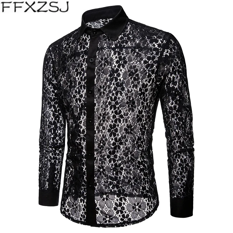 

FFXZSJ 2019 Transparent Men Lace Shirt Sexy Short Sleeve See Through Lace Shirt Burn Out Mesh Party Prom Marriage Event Shirt