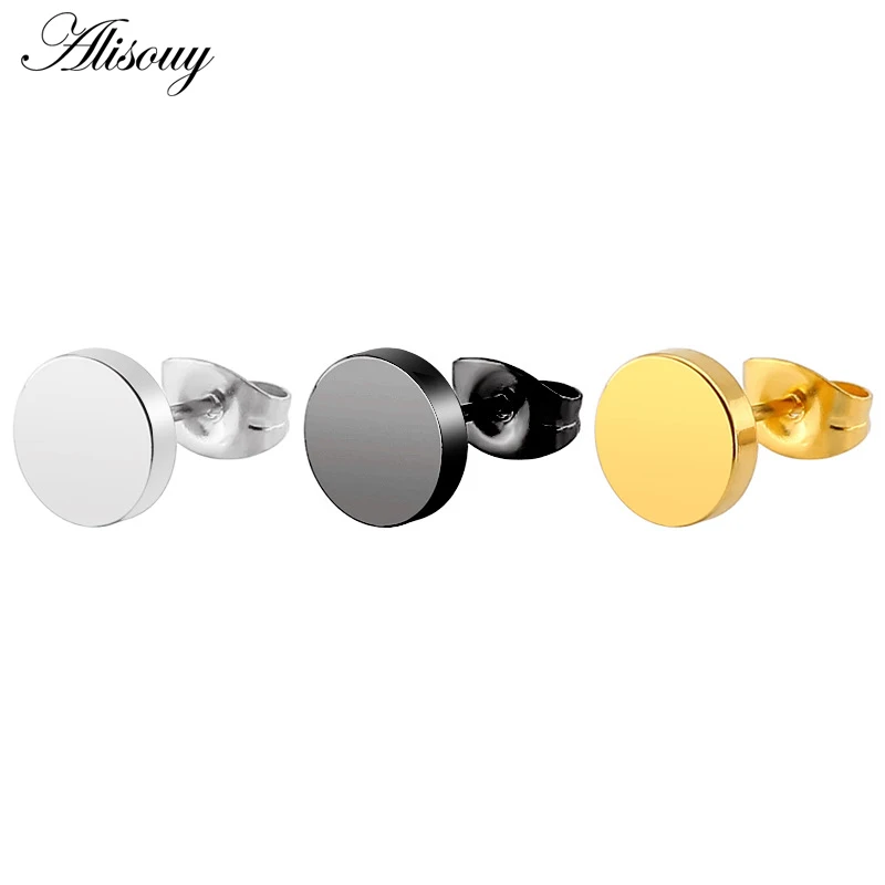 

Alisouy 1 Pair Fashion Simple Black Gold Stainless Steel Stud Earrings For Men Round Shaped Women Earrings Trendy Ear Jewelry