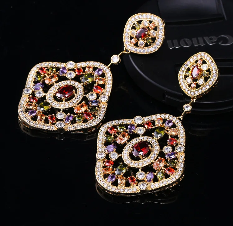 

HSIC Top Quality Copper Big Micro Pave Luxury Cubic Zirconia Crystal Large Long Drop Earrings For Women HC10004