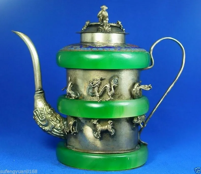 Chinese Handwork Tibet Silver Jade Monkey Teapotin Figurines