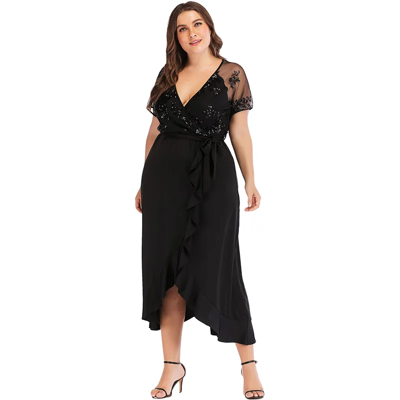 

Women Plus Size Dress Sequined Sheer Mesh V Neck Short Sleeve Ruffled Irregular Midi Party Dresses female 2019 Autumn Long Gowns