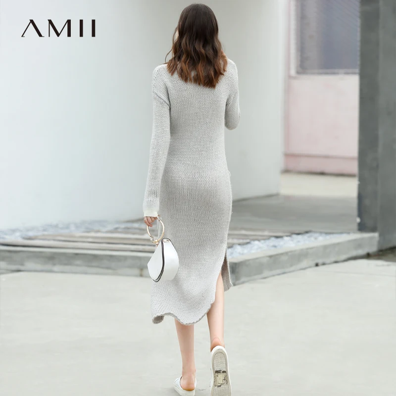 

Amii Women Minimalist 2018 Autumn Dress Chic Wool Drop Knitted Long Back Short Front Female Dresses