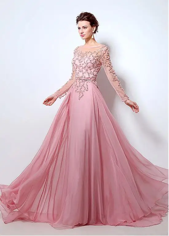 New-2017-Blushing-Pink-Sparkly-Beaded-A-line-Chiffon-Prom-Dresses-Long-Sleeves-Sheer-Real-Evening (1)