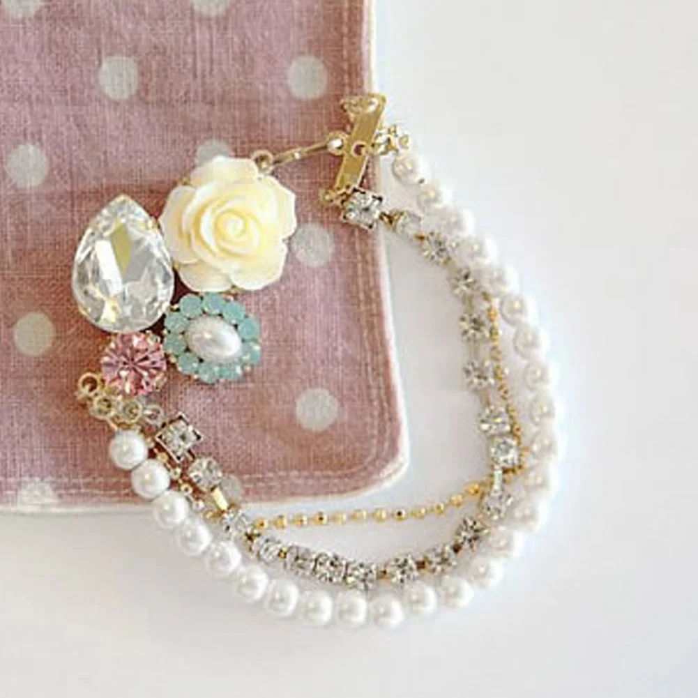 

Hot Sale Women Flower Crystal Rhinestone Charm Multi Layer Simulated Pearl Bracelets Wedding Bride Charm Bracelet