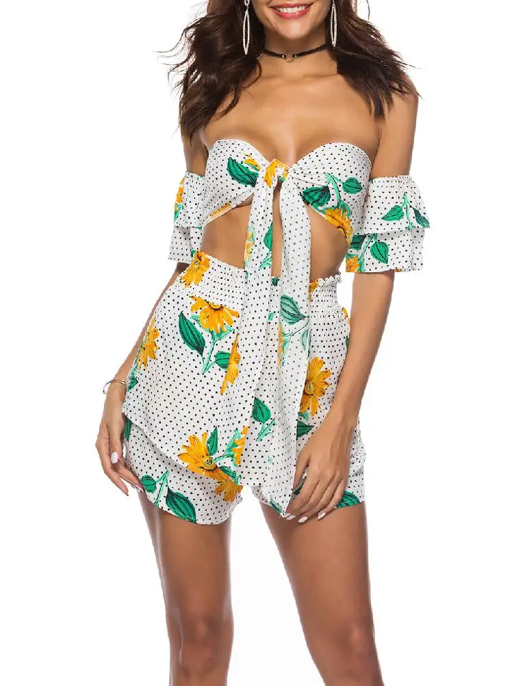 

Yfashion Women Sexy Clothes Set Printed Chest Wrap + Short Pants Holiday Beach Wear Gift 2PCS/Set