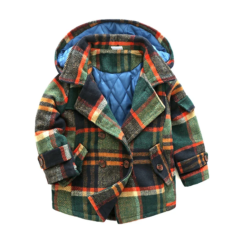 Baby Boy's Plaid Woolen Coat Winter Children's Thickening Hooded
