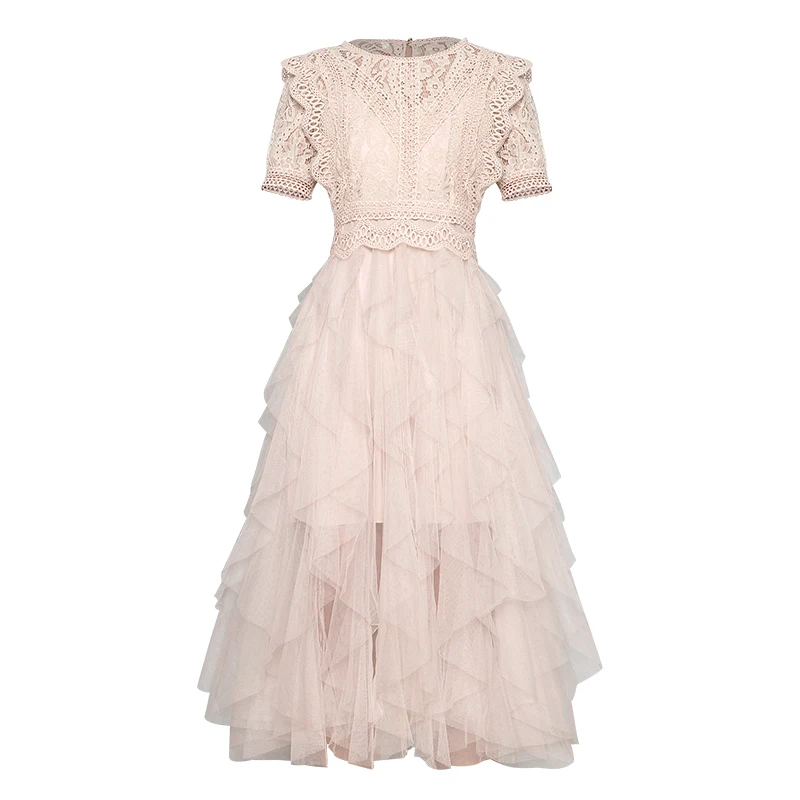 

2019 Summer Pure Sweet Princess Formal Dress Solid Lace Patchwork Hollow Out A-Line O-Neck Short Lady Midi Mesh Dress 2 Colors