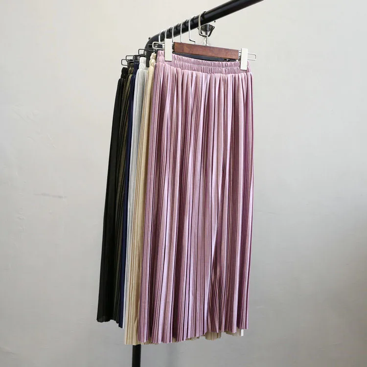 

Alphalmoda New Arrival Women Pleated Midi Skirts Elastic Waist Solid Color Shining Fashion Satin Skirts in 6colors