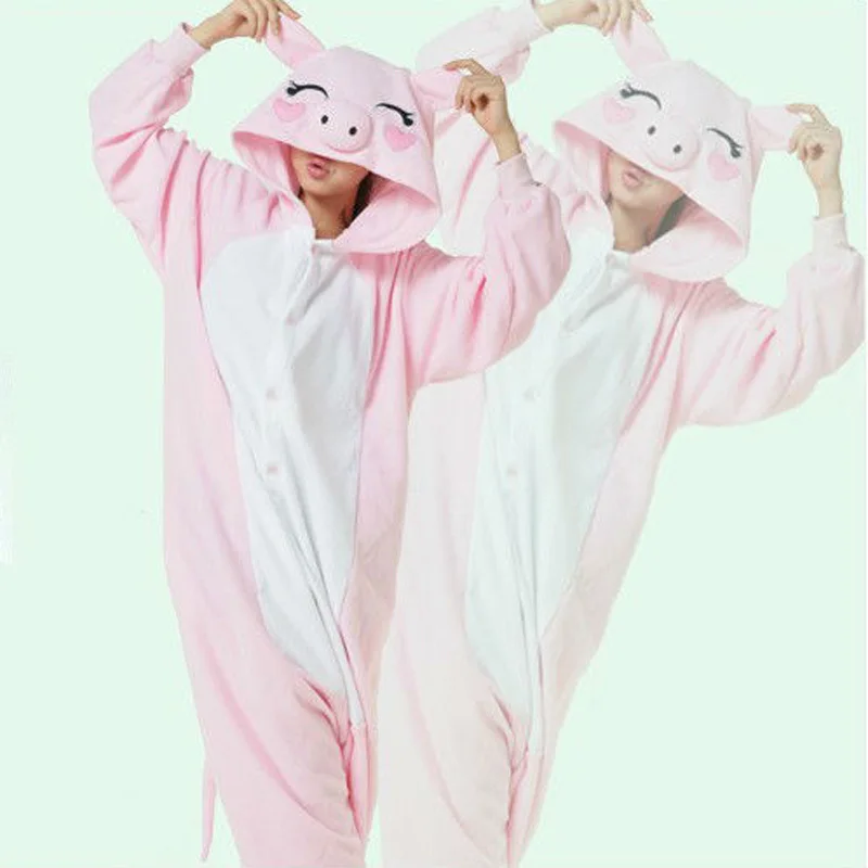 All In One Animal Lovely Cute Pink Pig Fleece Onesie for Women Men Adults Cos Pajamas Winter Autumn Spring Couple Sleepwear