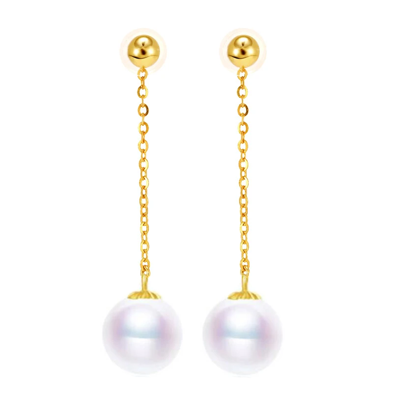 Sinya Au750 gold beads long chain drop earring with 7-9 mm Natural Round high luster pearls tassel design earring for women Mom (15)
