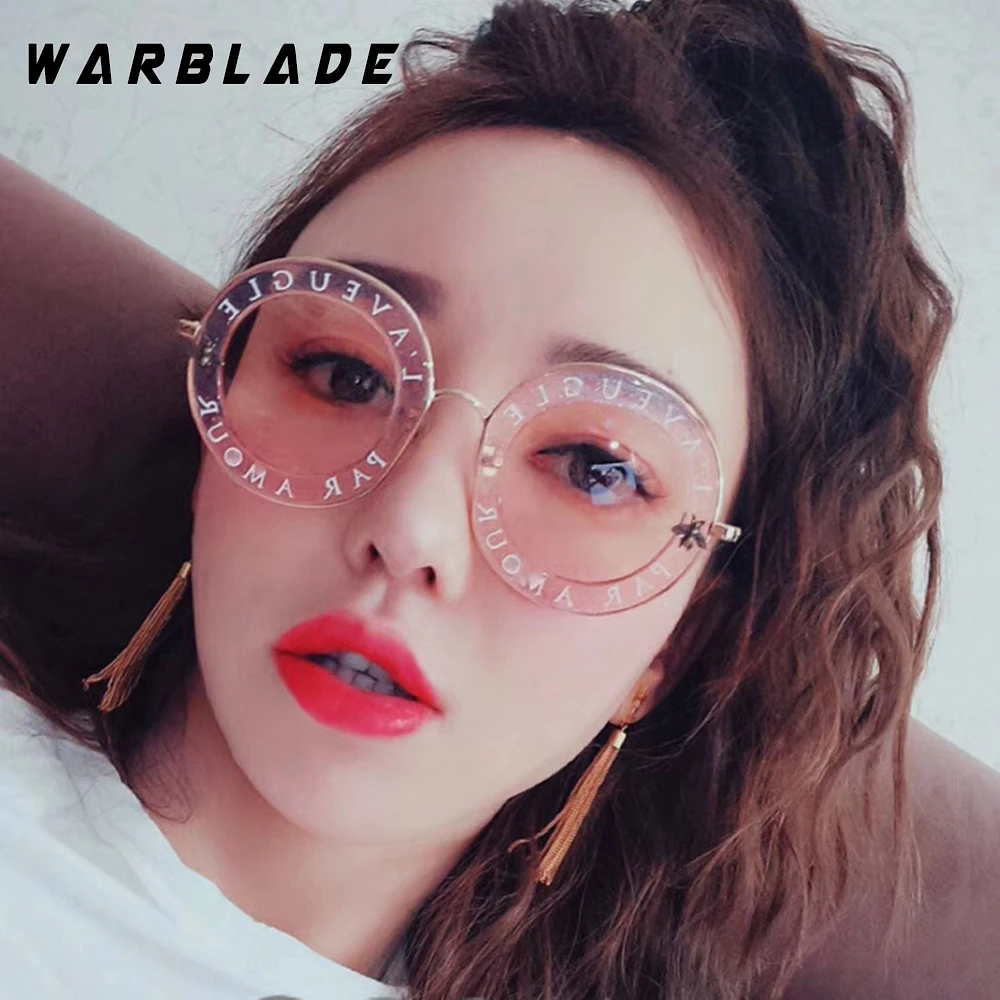 round sunglasses women WarBLade Retro Round English Letters Little Bees Sunglasses Fashion Brand Designer Metal Frame Sun Glasses Women Shades Oculos women's sunglasses