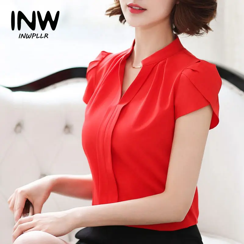 

Chiffon Blouses New 2018 Fashion Summer Slim Women Shirt Elegant Solid Color Short Sleeve Femme Tops V-neck Plus Size Blusas