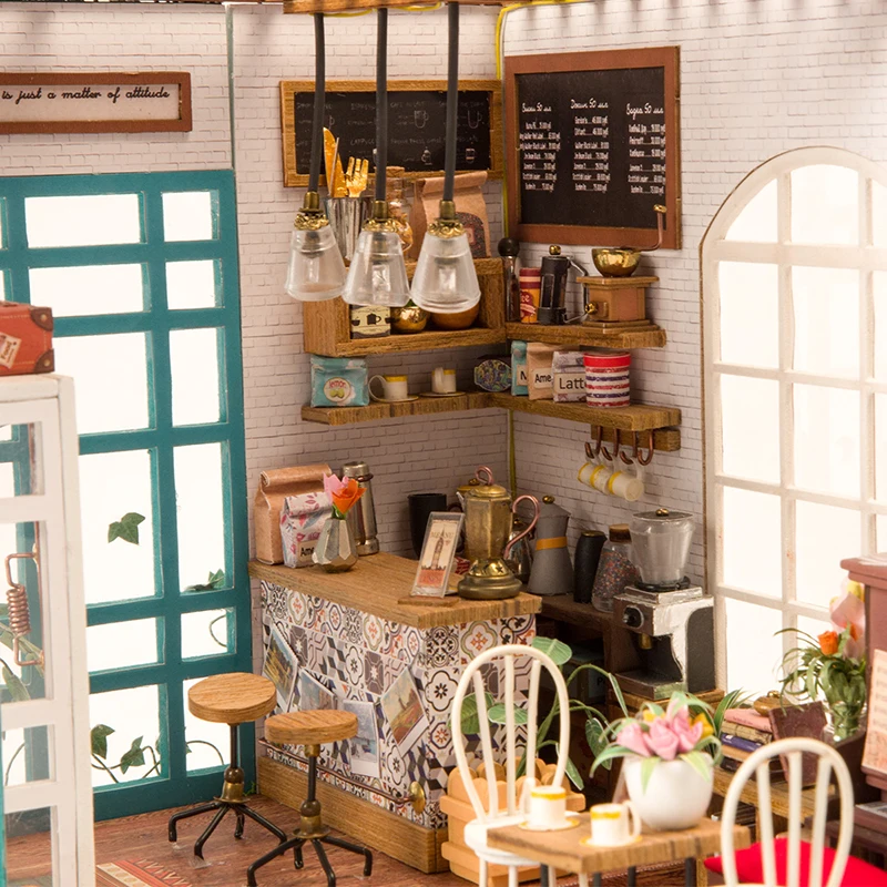 DIY Wooden Time Coffee Shop Miniature Dollhouse 3D LED Mini Dollhouse Kit With Furniture Kit Light Creative Christmas Gift
