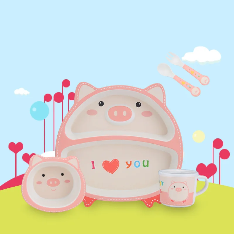 

5 Pieces/Set Baby Bamboo Fiber Children's Tableware Set Baby Cute Pig Cartoon Bowl Children Creative Tableware Kids Dishes Food